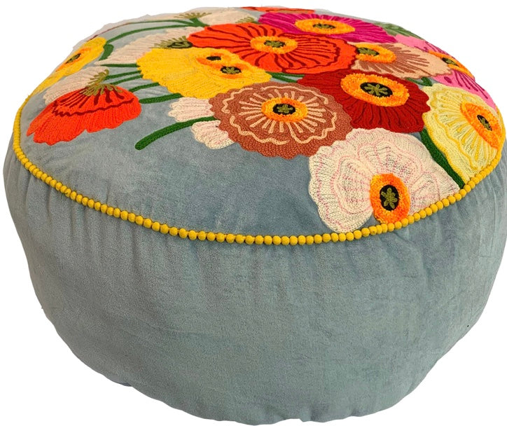 Embroidered Velvet Ottomans Light Blue (2 remaining) free standard shipping within Australia