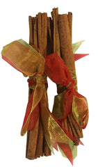 Bunch of cinnamon sticks tied with a red and gold ribbon on a white background