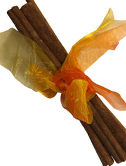 Cinnamon sticks wrapped in orange and yellow ribbons on a white background