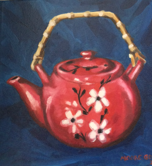 THE RED TEA POT oil on canvas Liz Moore Golding 25cm x 25cm
