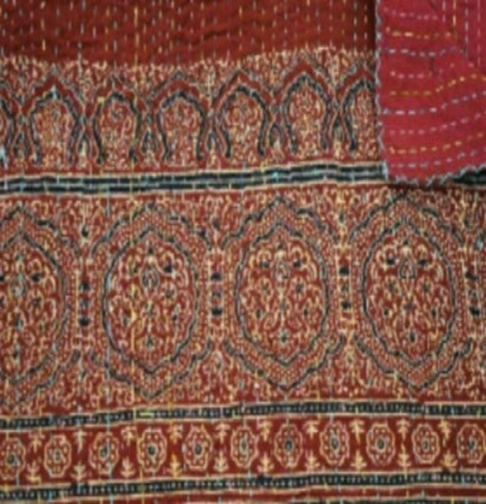 cotton quilt queen size, traditional block print,  red brick (1 available at this price)