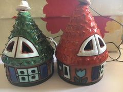 Bells, 2 houses with pointy roofs, ceramic, hand made