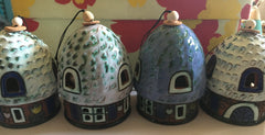 Bells, box of 4 houses with round roofs, ceramic, hand made