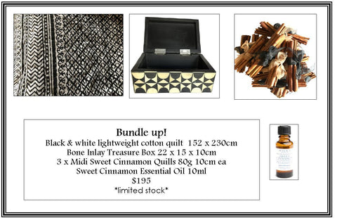 Bundle Up! Black & White - Quilt, Bone Inlay Treasure Box, 3 x Sweet Cinnamon Quills & Oil 10ml *FREE standard shipping within Australia*