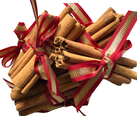 5 pack of Christmas Spice Cinnamon Bundles, (70g, 10cm) Ribbon: Gold & Red Grosgrain