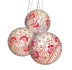 3 pack of red and white papier-mâché paisley bauble