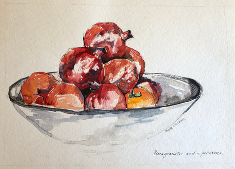 Pomegranates and a Persimmon     Elizabeth Moore Golding original artwork