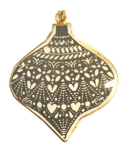 Onion shaped Grey & White with Gold edge Metal Bauble