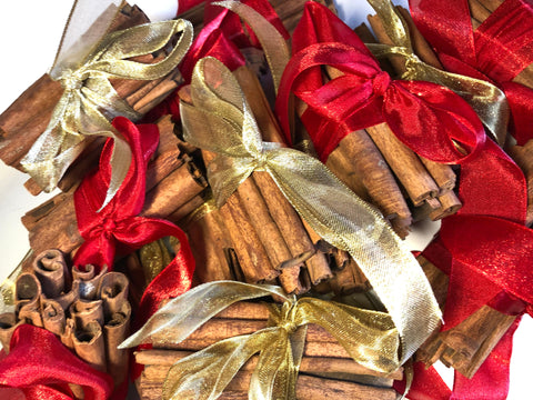 *Odd Bunch* Sweet Cinnamon Quills pack of 10 x bundles, mix of red satin & metallic gold ribbon, stocking filler