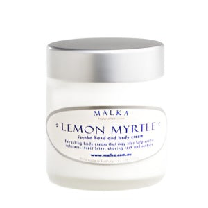 Natural Skin Care by Malka - Jojoba Hand & Body Cream - Lemon Myrtle 100g A rich hand and body cream with the fresh fragrance of organic lemon myrtle essential oil. May also soothe itchiness, insect bites, shaving rash and sunburn. 