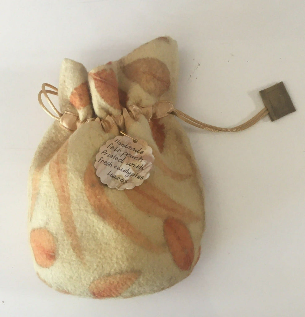 Hand Felted Drawstring Pouch Eco printed by Marlene (fresh eucalyptus leaves)